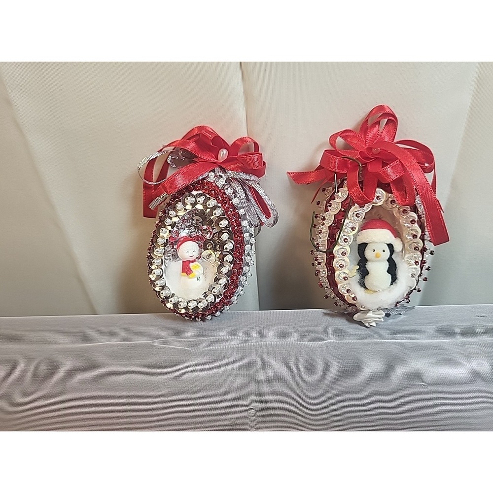Set of Vintage Handmade Red and White Christmas Ornaments with Penguin and Snow